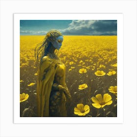 Yellow Flowers In Field With Blue Sky Sf Intricate Artwork Masterpiece Ominous Matte Painting Mo (5) Art Print