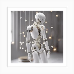 Porcelain And Hammered Matt Black Android Marionette Showing Cracked Inner Working, Tiny White Flowe (1) Art Print