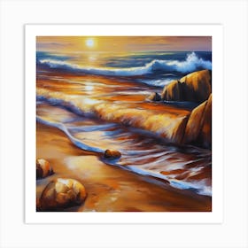 The sea. Beach waves. Beach sand and rocks. Sunset over the sea. Oil on canvas artwork.7 Art Print