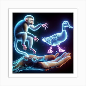 Holographic Monkey And A Duck spirit Art Print