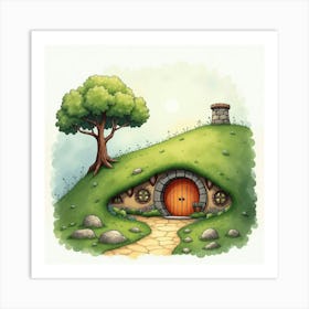 Watercolor Scene Of A Cozy Hobbit Hole Nestled In A Hillside 1 Art Print