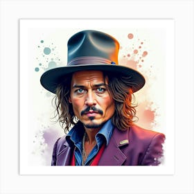 Johnny Depp S Iconic Persona, Captured In Bold Watercolor Splashes, Vibrant Art Print