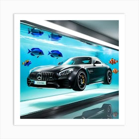 A Sleek, Black Mercedes Benz AMG Sports Car Submerged In A Massive, Transparent Fish Tank (1) Art Print