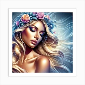 Beautiful Woman With Flowers In Her Hair 1 Art Print