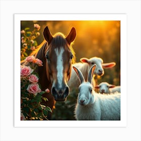 Horse And Sheep With Roses Art Print