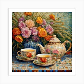 Teapot And Roses Art Print