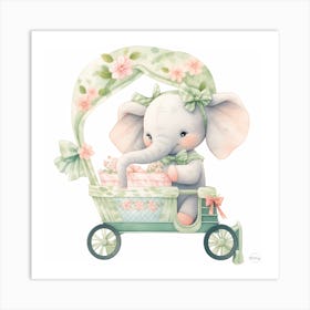 Baby Elephant In A Carriage - green nursery decor Art Print