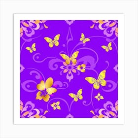 Purple Floral Background With Butterflies Vector Art Print