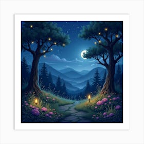 Enchanting Night Landscape With Glowing Fairy Lights 1 Art Print