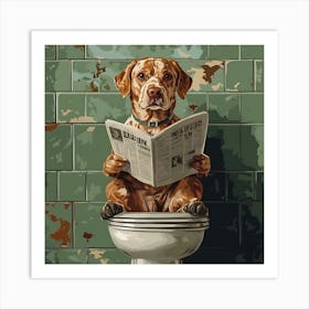 Dog Reading Newspaper On Toilet Art Print