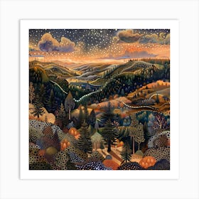 Night In The Woods, Tiny Dots, Pointillism 1 Art Print