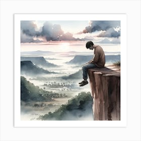 Man Sitting On A Cliff Dreamscape Art Print