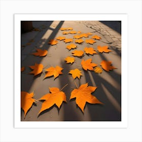 Several Bright Orange Maple Leaves Arranged On A Grey Pavement, With Long Shadows Cast By Sunlight Art Print