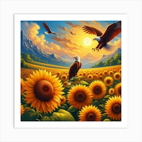 Sunflowers And Eagles Art Print