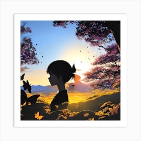 Silhouette Of A Girl With Butterflies 1 Art Print