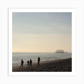 Silhouette Of Family On Brighton Beach Square Art Print