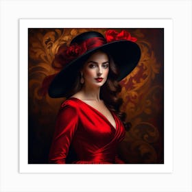 Beautiful Woman In Red Dress With Hat Art Print