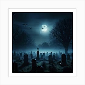 Full Moon Casting An Eerie Glow Over A Cemetery Gravestones Crooked With Names Worn By Time Mist C (2) Art Print