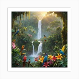 Tropical Jungle With Waterfall Paintings Art Print Art Print