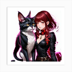 Anime Girl With Cat Art Print