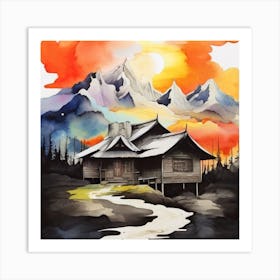 Abstract painting of a mountain village with snow falling 4 Art Print