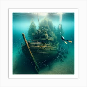 Into The Water Snorkeling In Amsterdam S Crystal Clear Lake, Unveiling A Sunken Shipwreck Style Hyperrealistic Underwater Art (3) Art Print