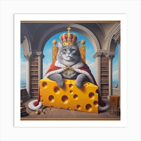 The King of Cheese and Books: A Surreal and Classic Painting of a Cat on a Throne Art Print