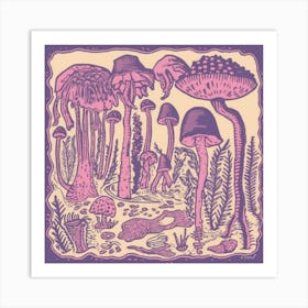 Mushroom Woodcut Purple 2 Art Print