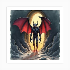 Demon Emerging From Dark Portal, Watercolor, Colorful Tones 1 Art Print