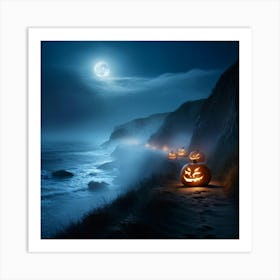 Ghostly Jack O Lanterns Glowing Eerily Beside A Winding Coastal Path Mist Hovering Over The Ocean (4) Art Print