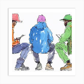 Three Men Sitting On A Bench Art Print