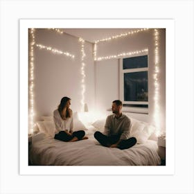 Couple Sitting On Bed With Christmas Lights Art Print