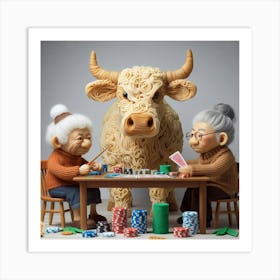 Old Ladies Playing Poker With A Cow Art Print