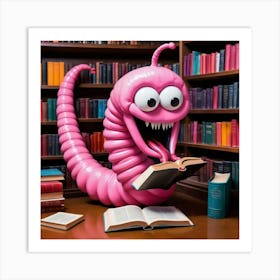 Pink Worm Reading A Book 1- AI/Hybrid Art  Art Print