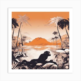 A Silhouette Of A Ape Wearing A Black Hat And Laying On Her Back On A Orange Screen, In The Style Of (2) Art Print