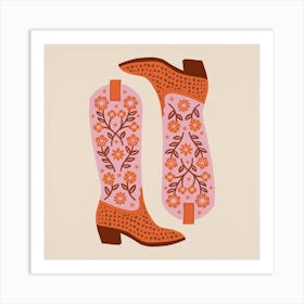 Cowgirl Boots   Pink And Orange Square Art Print