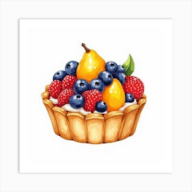 A Whimsical Watercolor Of A Fresh And Colorful Summer Fruit Tart With A Buttery Crust Art Print