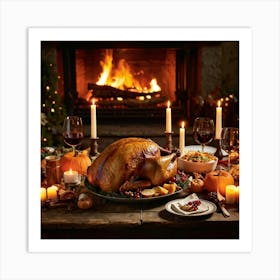 An Inviting Feast Unfolds In A Homey Abundant Setting Right At The Center A Roasted Turkey Radiati (3) Art Print