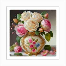 Antique fuchsia jar filled with purple roses, willow and camellia flowers 6 Art Print