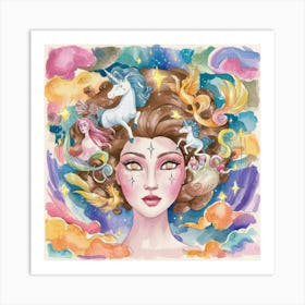 Watercolor Of A Girl With Unicorns Art Print