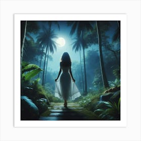 Beautiful Woman In The Forest At Night Art Print