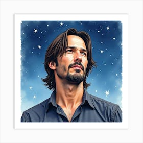 Watercolor Painting Of Keanu Reeves Under A Clear, Starry Night Sky Art Print