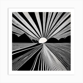 Linocut inspired Black and white Art of Sunrise Art Print