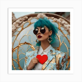 Blue Haired Woman Holding A Heart Art Print