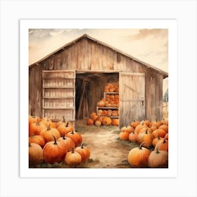 Barn With Pumpkins Watercolour Art Print