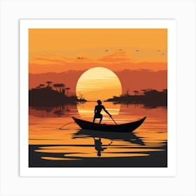 Silhouette Of A Man In A Boat At Sunset Art Print