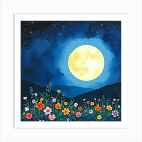 Moon And Flowers 1 Art Print