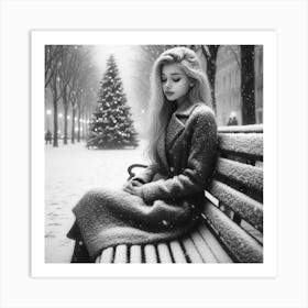 Snow Girl Sitting On A Bench Art Print