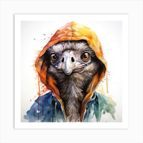 Watercolour Cartoon Ostrich In A Hoodie Art Print