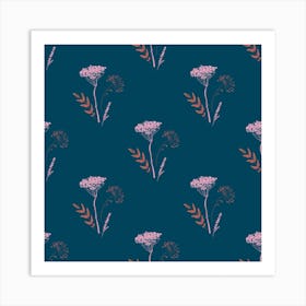 Pink Yarrow On Navy Art Print